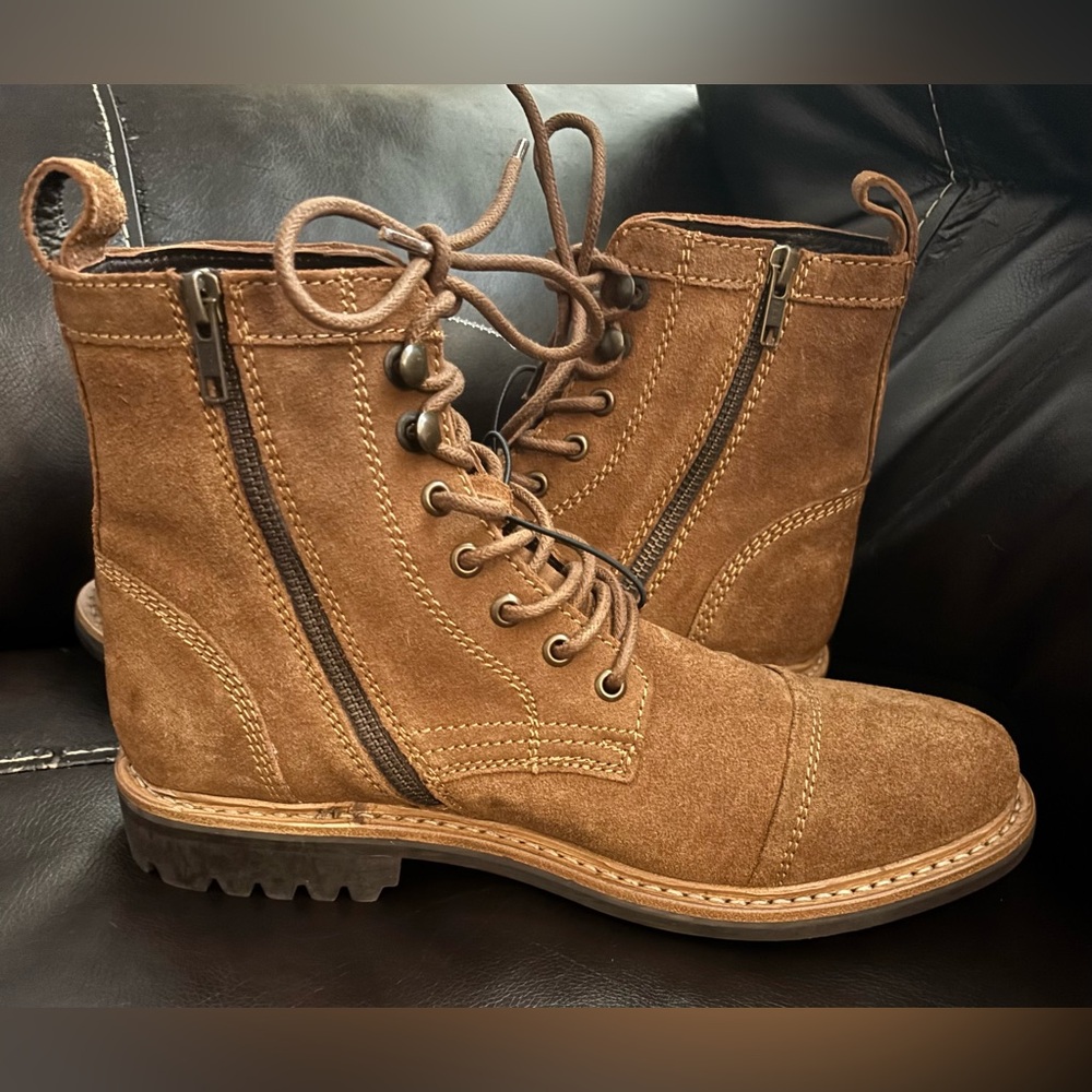 New Frye Russell Mens Side Zip Lace Up Tan Leather Suede Boots Size 10 - Picture 6 of 11
